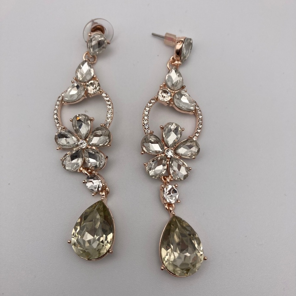Rose Gold Tone Crystal Floral Teardrop Dangle Statement Earrings Champagne Clear